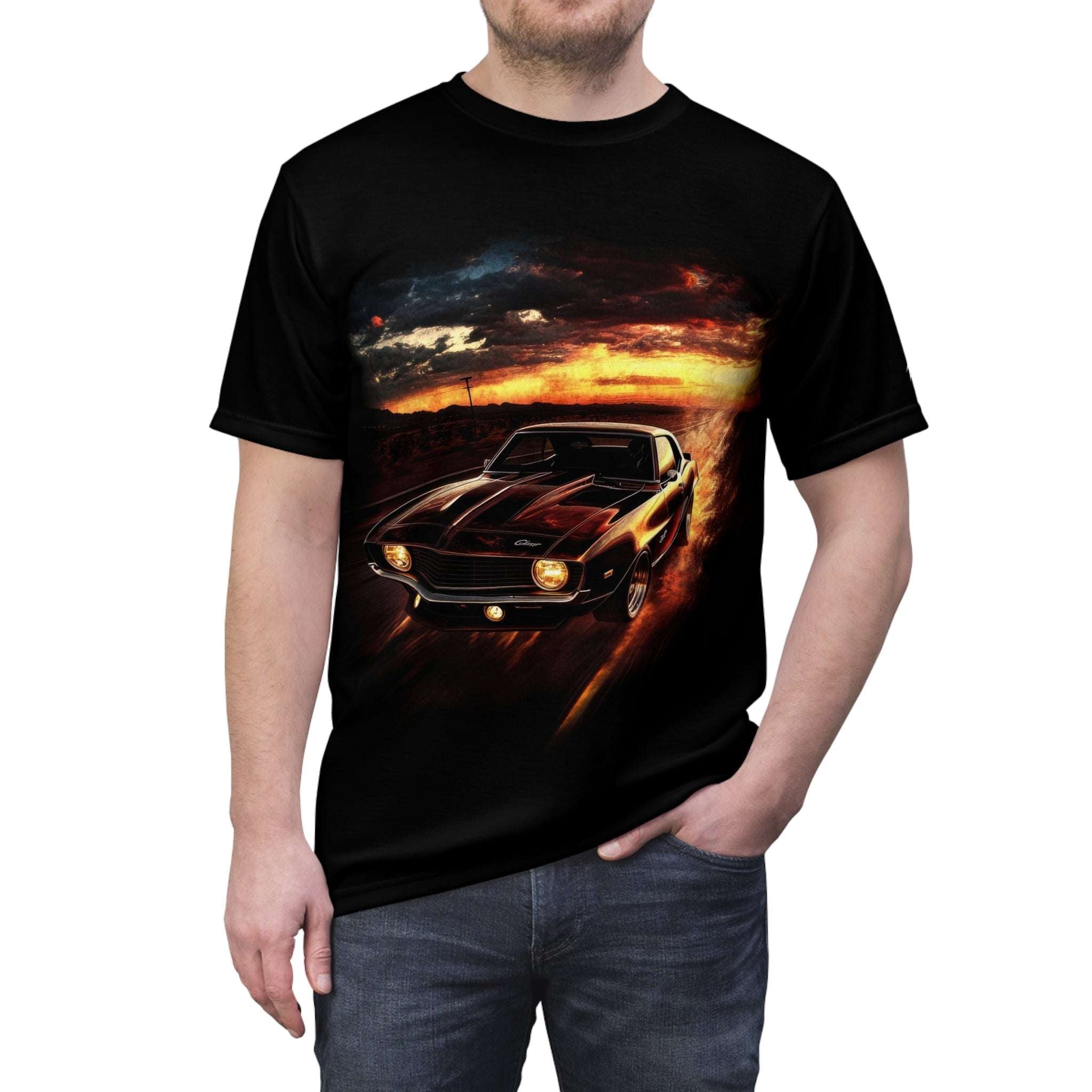 1969 Chevrolet Camaro Z28 Men's T-Shirt, 1969 Chevy Camaro Z28 flying down the highway, sunset, muscle car